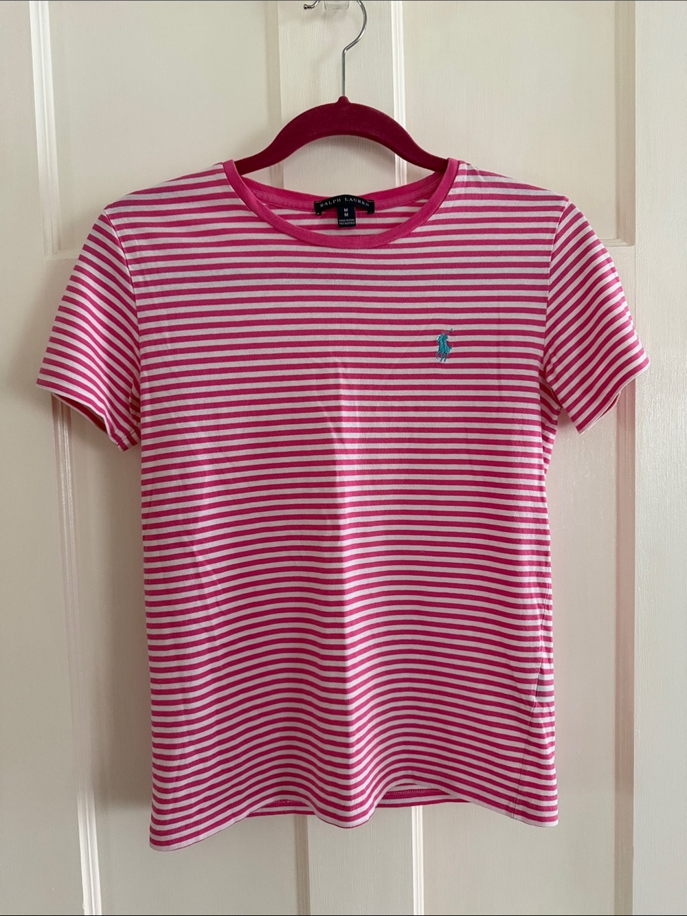 🌸Ralph Lauren pink/white striped tee. Size M.